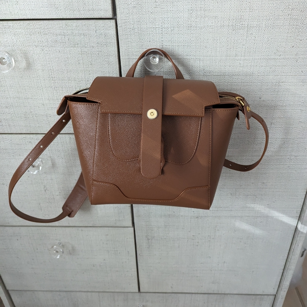 Senreve Mini Maestra Chestnut Tan Convertible Italian Leather Crossbody Backpack